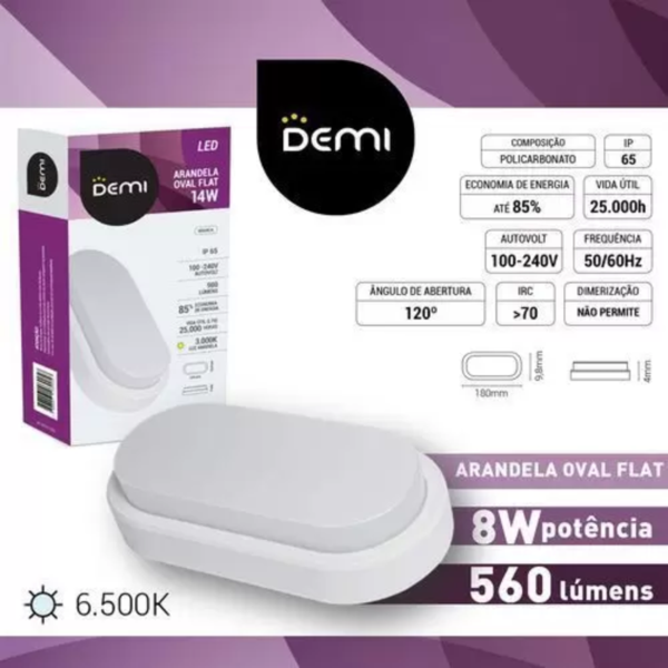 Arandela Oval Flat Led 8w Ip65 Demi 6500k - Luz Branca - Bran