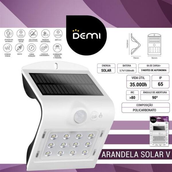 Arandela Solar Led 1,5w 6500k Ip65 Sensor Movi. Preta Demi
