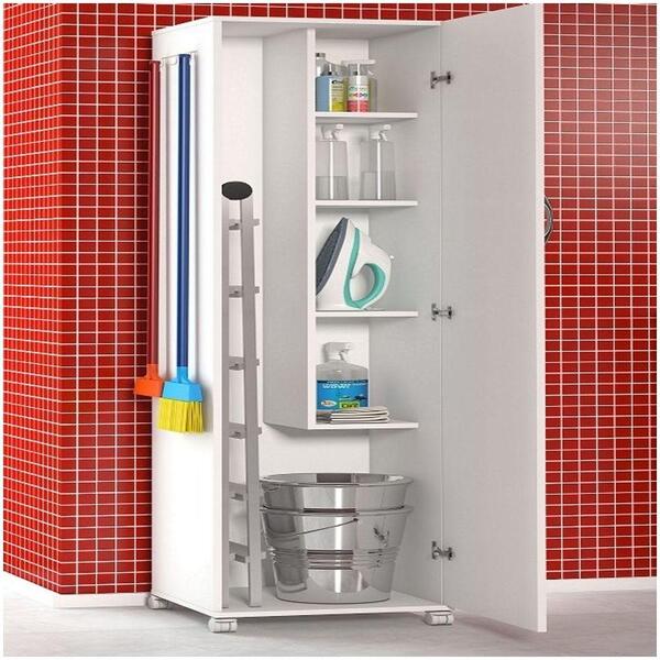 Armário 1 Porta Para Lavabo Lavanderia Branco Com 4 Rodas