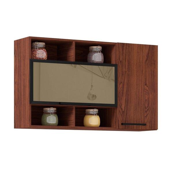 Armário Aéreo 120cm 2 Portas Vidro Nichos Nogueira E Black