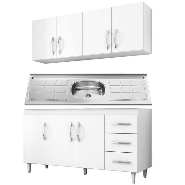 Armário Aéreo 160cm E Balcão Gabinete Com Pia Inox 150cm