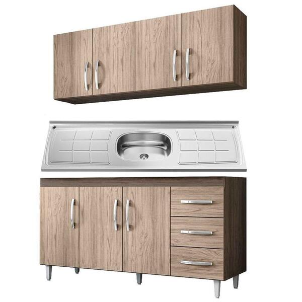 Armário Aéreo 160cm E Balcão Gabinete Isabel Com Pia Inox 150