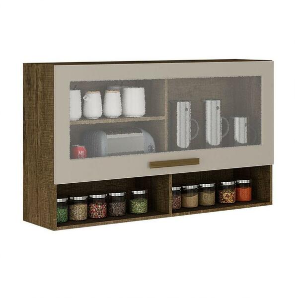 Armário Aéreo 1 Porta Com Vidro E 2 Nichos 120cm Pérola Ipê/o