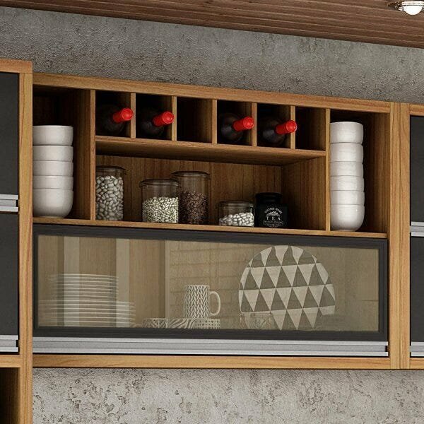 Armario Aereo 1 Porta De Vidro 3 Nichos Jade  Carvalho/grafite