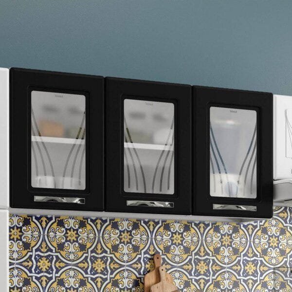 Armário Aéreo 3 Portas Com Vidro Médio Star New  Branco/preto