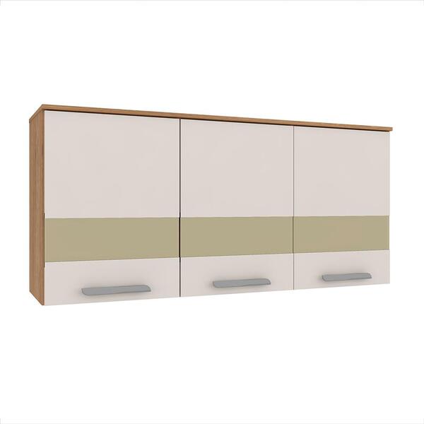 Armário Aéreo Bella 3 Portas C/ Vidro 1,20 Carvalho/ Off Whit