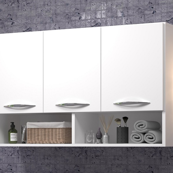 Armário Aéreo Branco 3 Portas Lavanderia Parede Lavabo Banhei