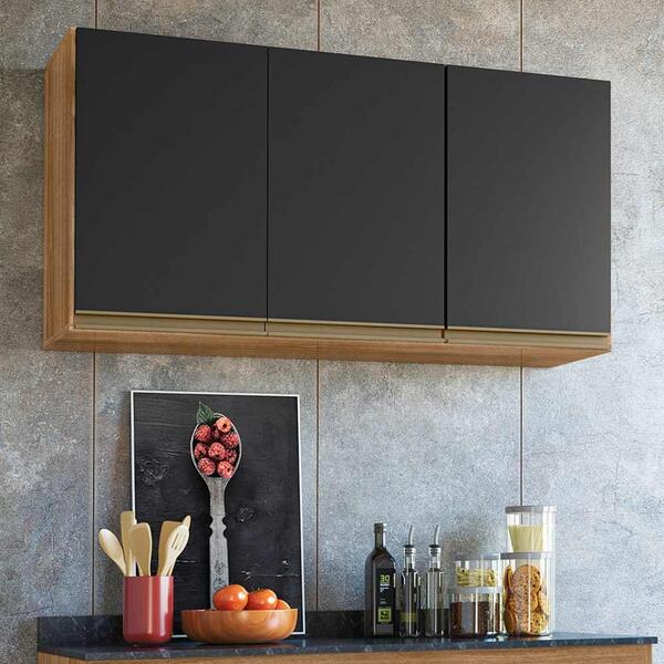 Armário Aéreo Cozinha 3 Portas Preto Nature Jade Peternella