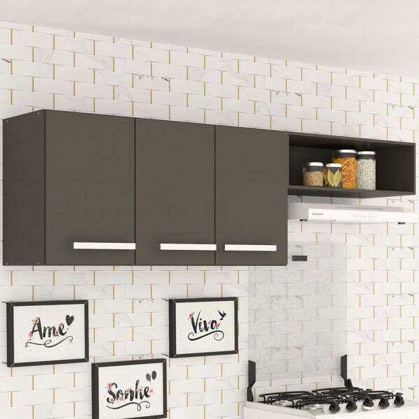 Armário Aéreo Cozinha Vanessa 3 Portas 1 Nicho Preto Fosco -