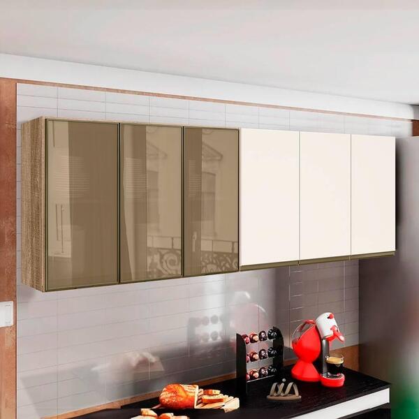 Armário Aéreo De Cozinha 100% Mdf 6 Portas 120 Cm Carvalho Of