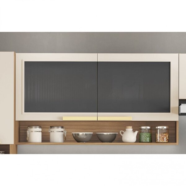 Armário Aéreo De Cozinha 120cm 2 Portas Em Vidro Fumê 1 Nicho