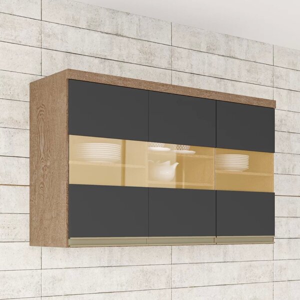 Armário Aéreo De Cozinha 120cm Com 3 Portas E Vidro Reflecta