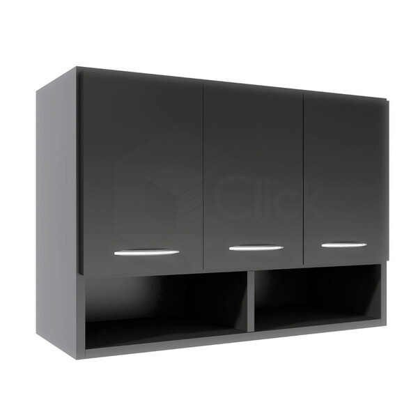 Armário Aéreo De Cozinha 3 Portas Com Nicho Preto