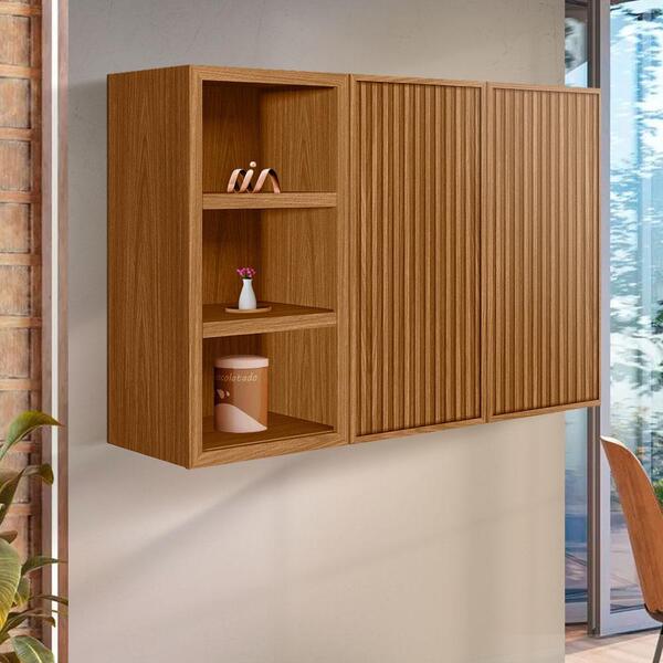 Armário Aéreo Duplo Com Porta Em Ripado 120cm 100% Mdf Nature