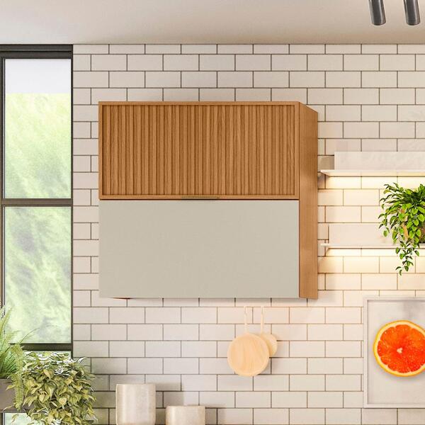 Armário Aéreo Duplo Porta Em Ripado 100% Mdf Nature Off White