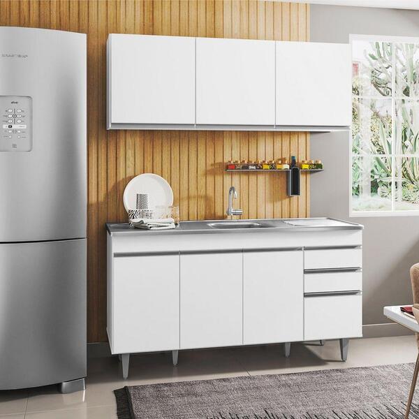 Armário Aéreo E Balcão Gabinete Com Pia Inox 150cm Branco