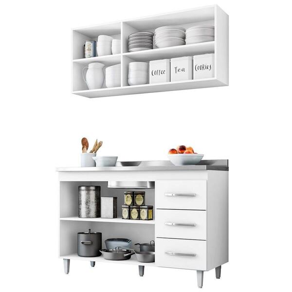 Armário Aéreo E Balcão Gabinete Isabel Com Pia Inox 120cm