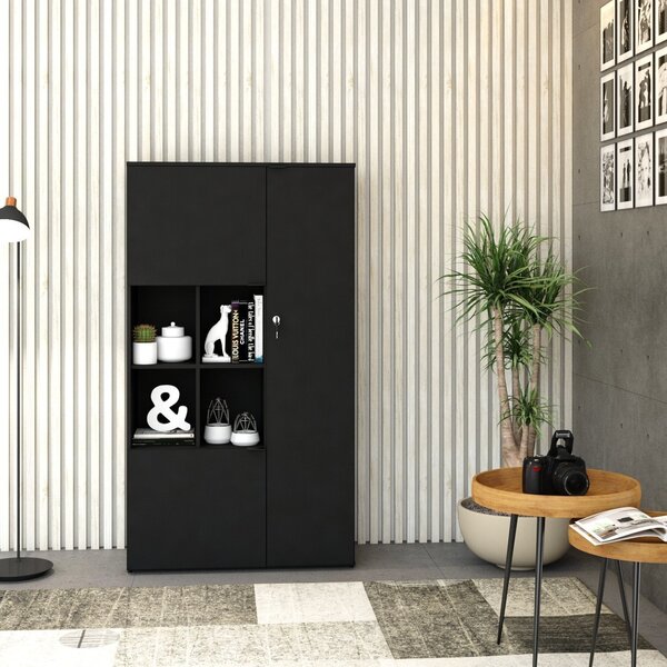 Armário Alto Com Nicho E 03 Portas 161,5x90x42cm Preto Onix