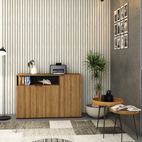 Armário Aparador Com 3 Portas E Nicho 89,5x135x42cm Mel / Pre