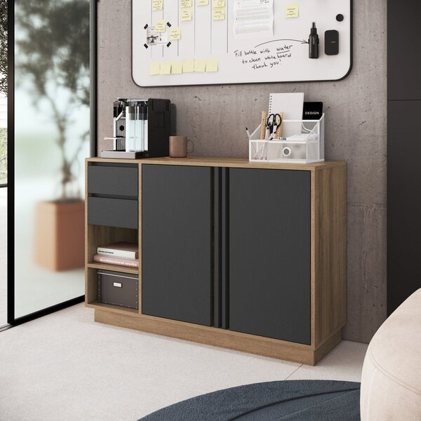 Armário Baixo Para Escritório 2 Portas 2 Gavetas Mel/grafite