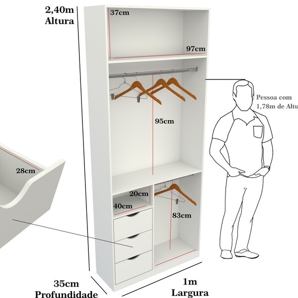 Armário Cabideiro Gaveteiro Misto M20 Closet Loja 100% Mdf