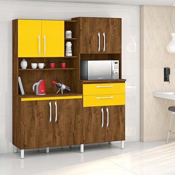 Armário Cozinha Completa Kit Rubi 8 Portas Malbec Amarelo