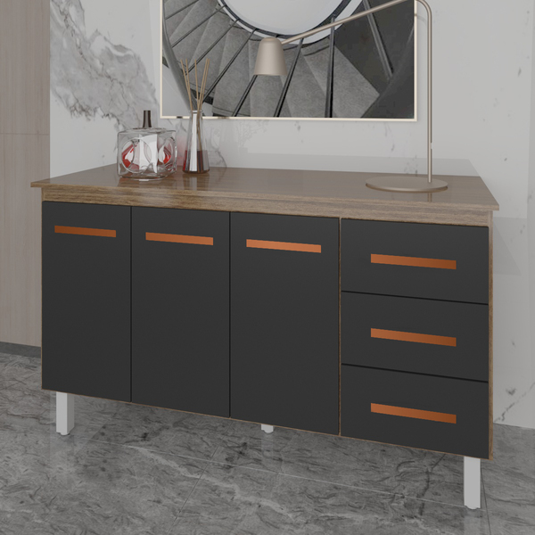 Armário Cozinha Gabinete De Pia 160 Cm Estela Savana Preto E