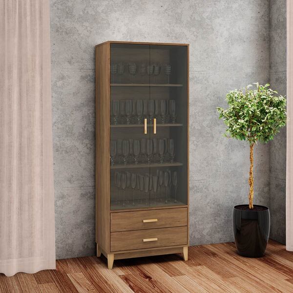 Armário Cristaleira 70 X 180 Cm 2 Portas Vidro 2 Gavetas Pés