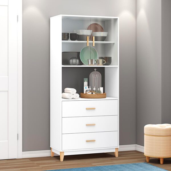 Armário Cristaleira 80 X 180 Cm 2 Portas Vidro 3 Gavetas Pés