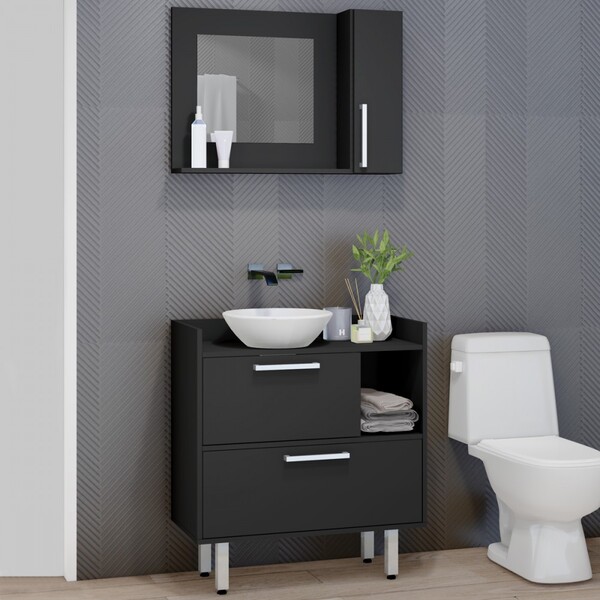 Armário De Banheiro 3 Portas 1 Nicho Com Espelho Preto Cnj103