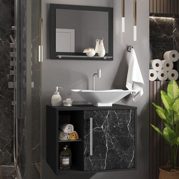 Armário De Banheiro Baden 1 Portas 3 Prateleiras Preto Fosco/