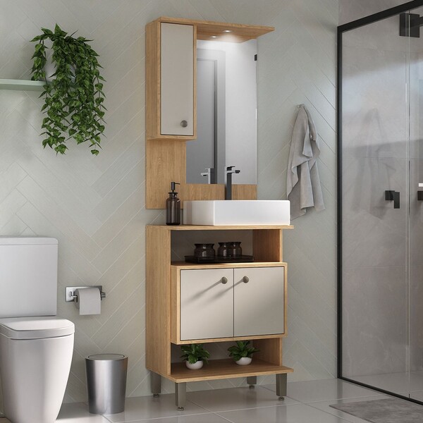 Armário De Banheiro Berlin 3 Portas Com Cuba Carvalho Nature/