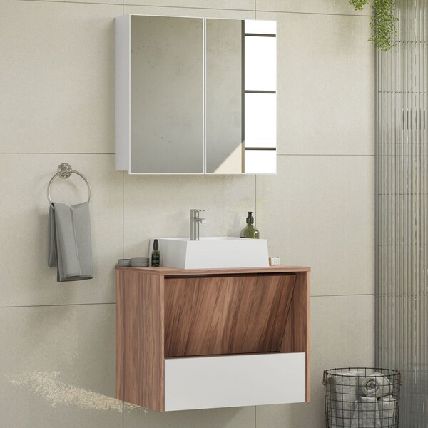 Armário De Banheiro Cairo 2 Portas 1 Gaveta Com Espelho Nogal