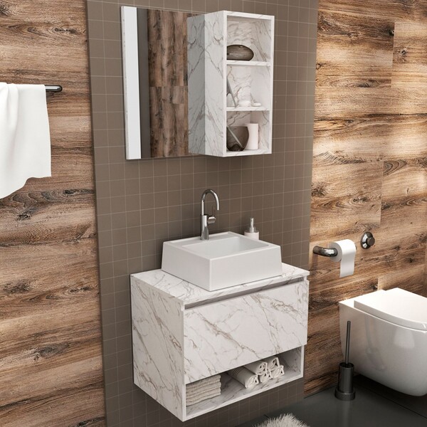 Armário De Banheiro Com Cuba 1 Porta Mármore Branco Bn3623 -