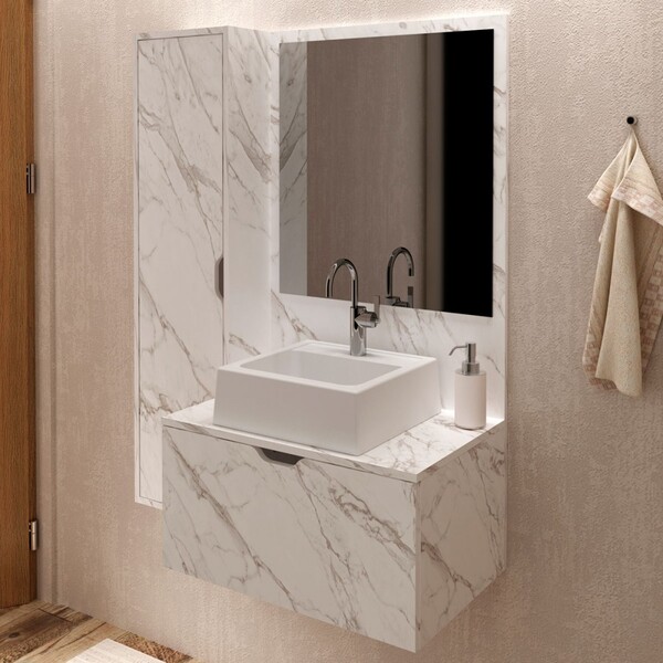 Armário De Banheiro Com Cuba 2 Portas Mármore Branco Bn3629 -