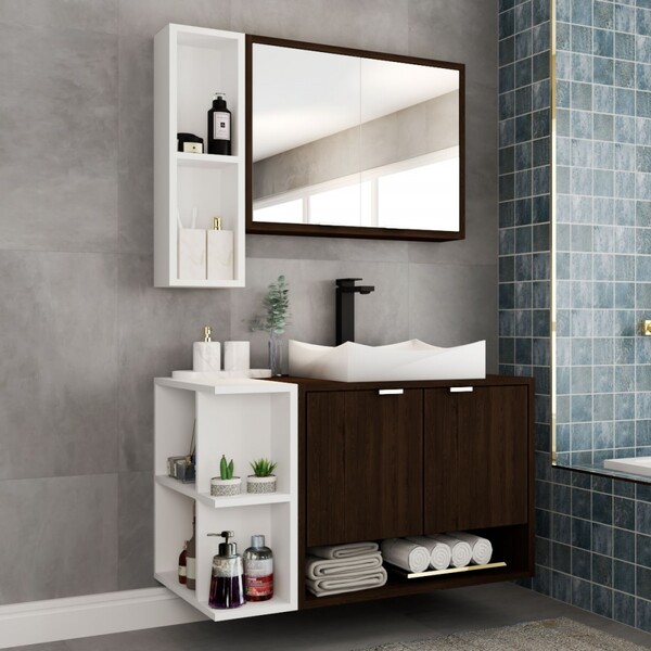 Armário De Banheiro Com Cuba Gravatá 4 Portas Nogal/branco -