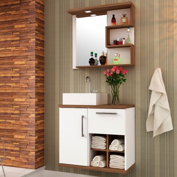 Armário De Banheiro Com Led Veneza 1 Porta 1 Gaveta Nogal/bra