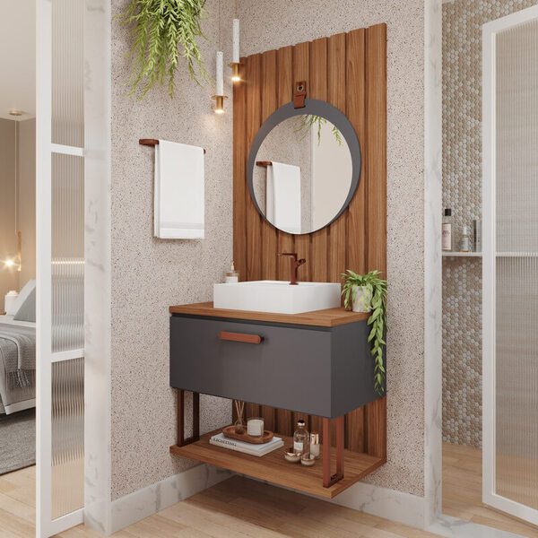 Armário De Banheiro Duna C/ Cuba Titanium/freijo Montado Mdf