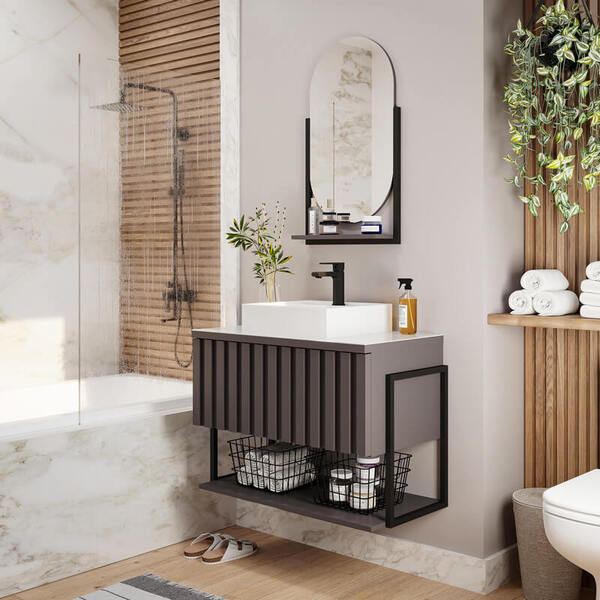 Armário De Banheiro Frise C/ Cuba Titânio Montado Mdf 80cm Mg