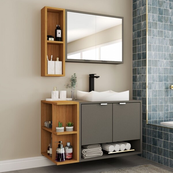 Armário De Banheiro Gravatá 4 Portas Titanium/naturalle - Pan