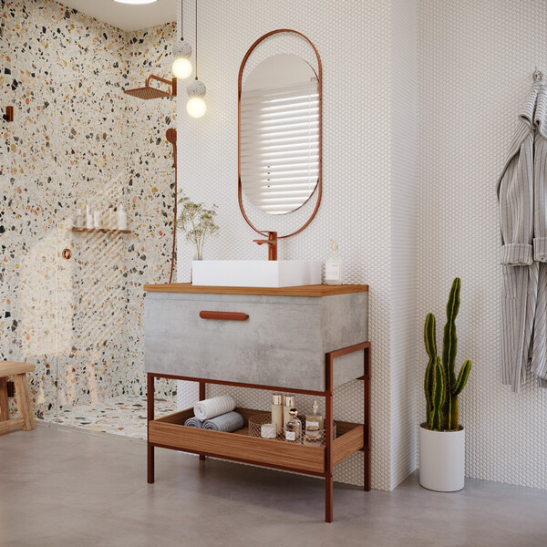 Armário De Banheiro Portinari C/ Cuba Cimento/freijo Montado