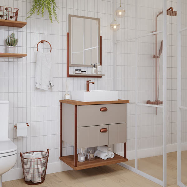 Armário De Banheiro Uni C/ Cuba E Espelheira Cappuccino/freij