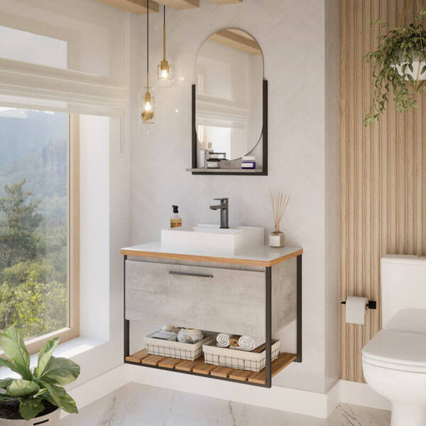 Armário De Banheiro Vitta C/ Cuba Cimento Montado Mdf 60cm Mg