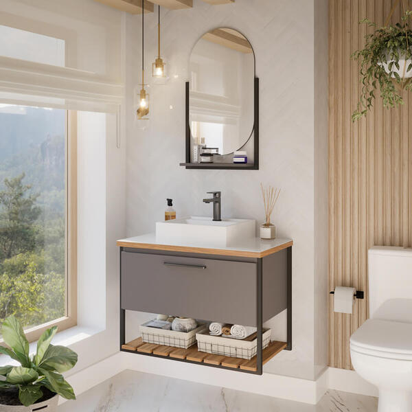 Armário De Banheiro Vitta C/ Cuba Titânio Montado Mdf 80cm Mg