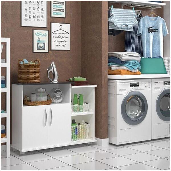 Armário De Chão 2 Portas Lavanderia Tampo Preto Balcão