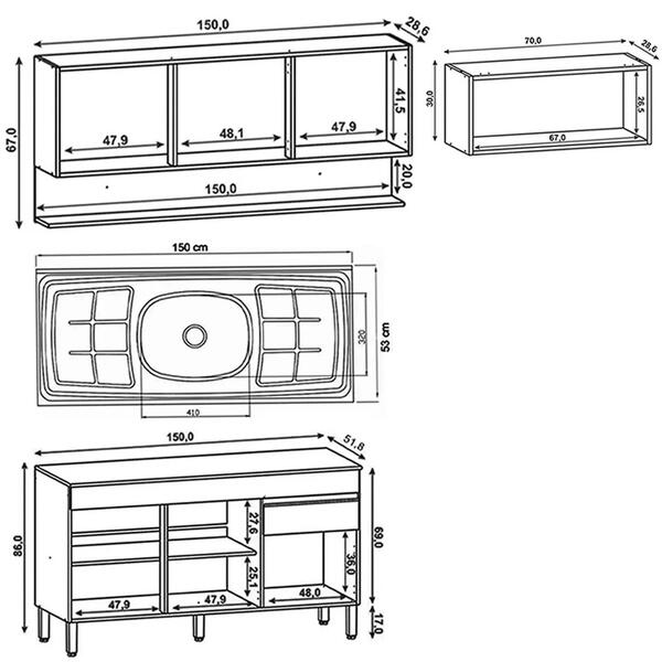 Armário De Cozinha 4 Peças Balcão Com Pia 150cm Lina18 Z06 Gr