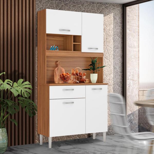 Armário De Cozinha 4 Portas 1 Gaveta Com Aéreo Amêndola Branc