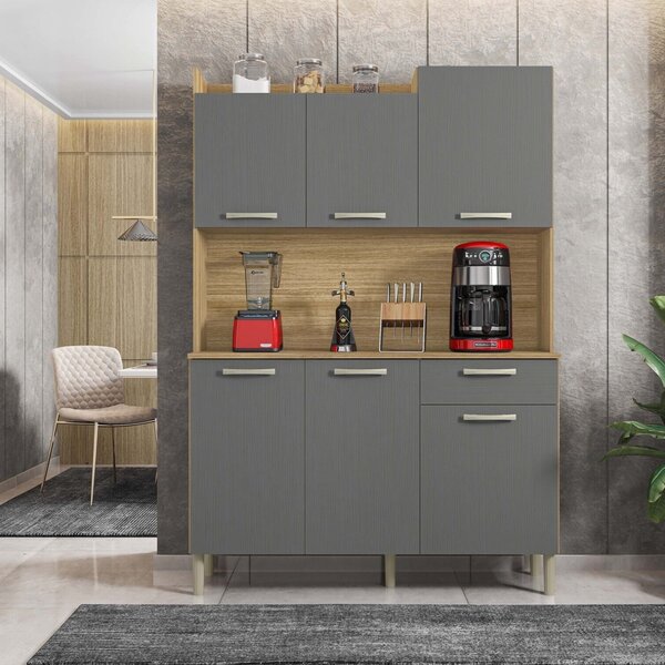 Armário De Cozinha 6 Portas 1 Gaveta Kit Gênova  Freijó/gris