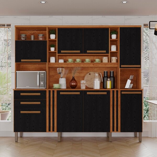 Armário De Cozinha 8 Portas 2 Gavetas Acácia Cinamomo/preto