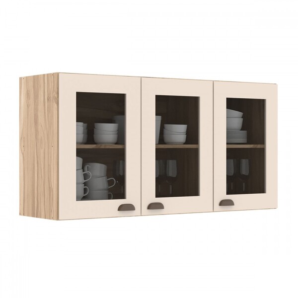 Armário De Cozinha Aéreo 3 Portas Com Vidro Carvalho Oak/cris